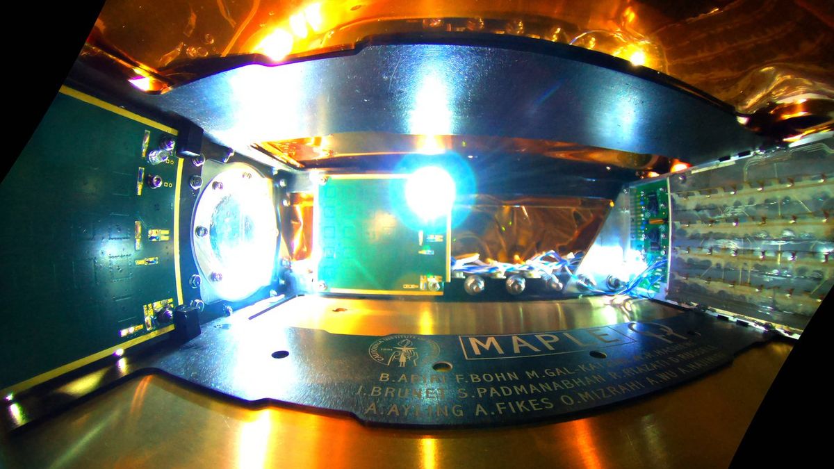 The interior of MAPLE, the instrument aboard the Space Solar Power Demonstrator, which successfully transmitted energy wirelessly through space.